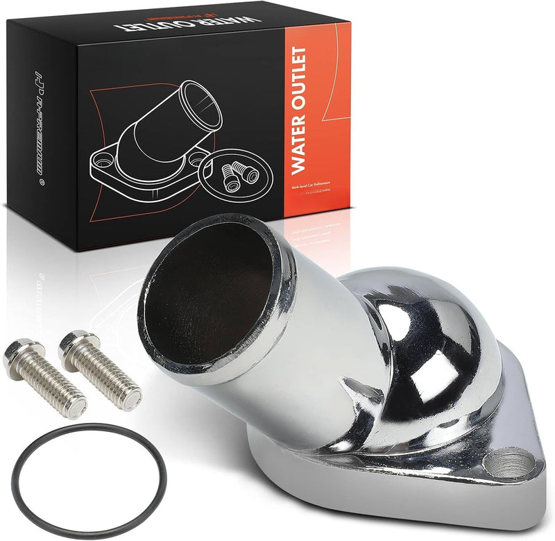 Chrome Aluminum 45 Degree Water Neck Thermostat Housing for Chevrolet Corvette 1955-1968, Bel Air 1955-1967, Impala 1959-1967