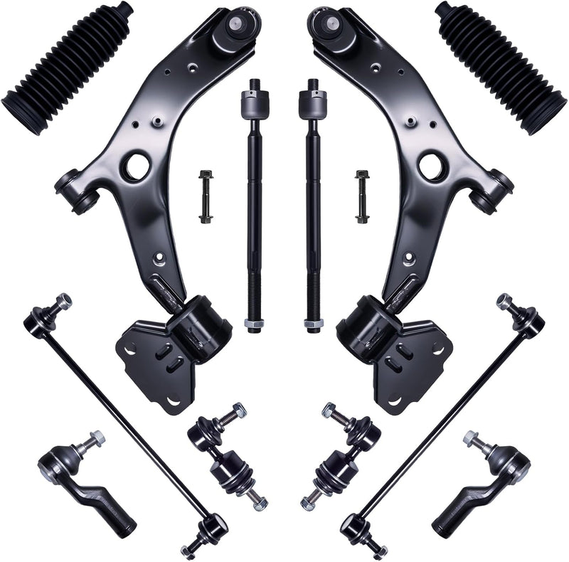 Front End Suspension Kit with Lower Control Arms, Tie Rod Ends, Sway Bar Links for Mazda 3 2010-2013, Mazda3 Sport, Non-Turbo
