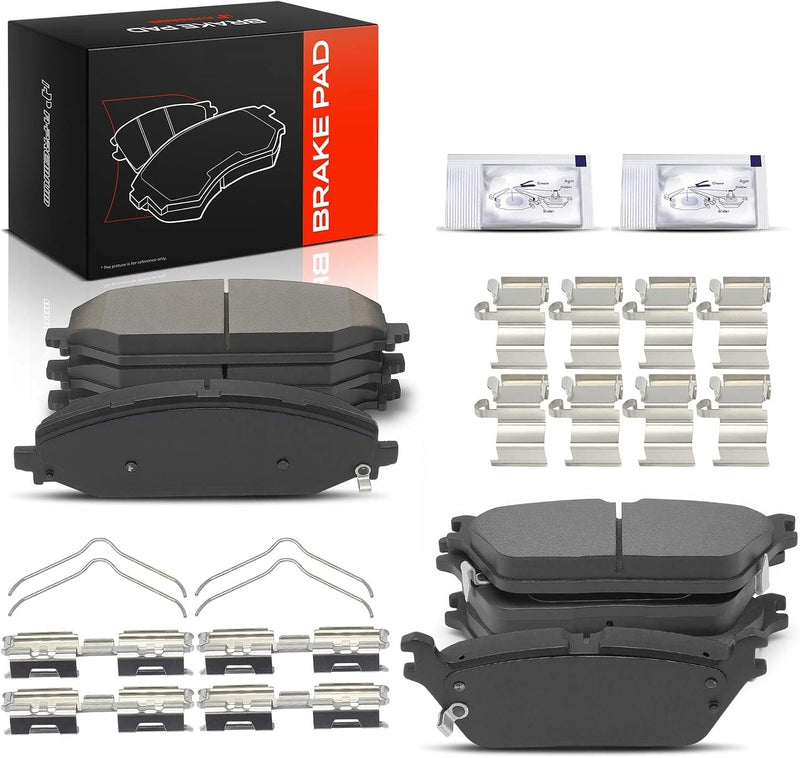 Front and Rear Ceramic Brake Pads Set for Ram 1500 2019-2022, Jeep Wagoneer 2022, with Wear Sensor and Hardware