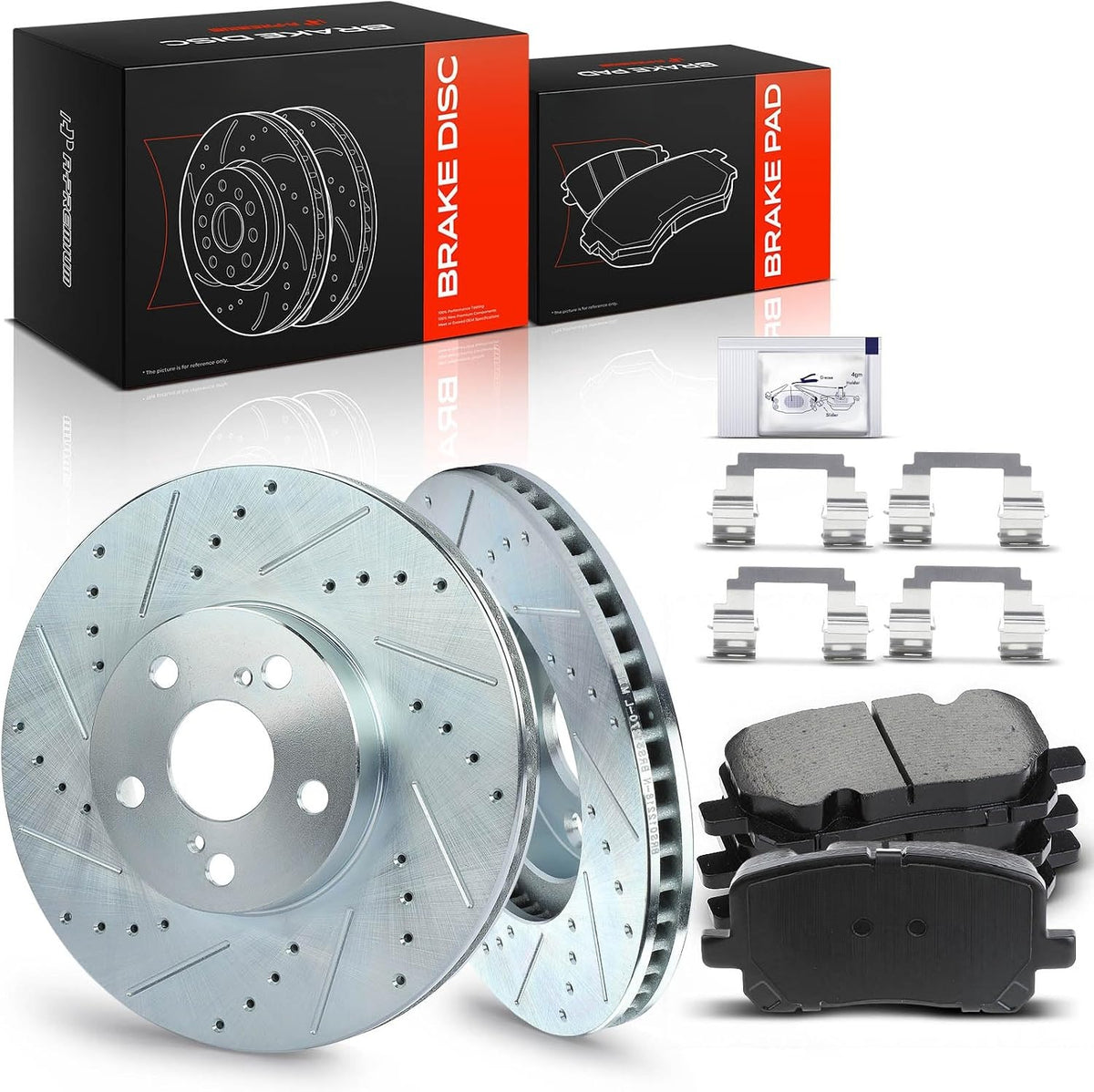 Front Drilled and Slotted Brake Rotors and Ceramic Pads Kit, 275mm, for Toyota Corolla 2003-2008, Matrix 2003-2008, Pontiac Vibe 2003-2008