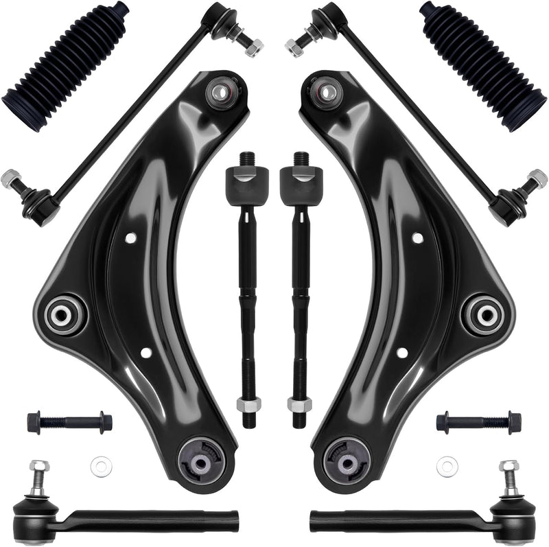 Front End Suspension Kit with Lower Control Arms, Tie Rod Ends, Sway Bar Links for Nissan Leaf 2013-2024, M14 Inner Tie Rod