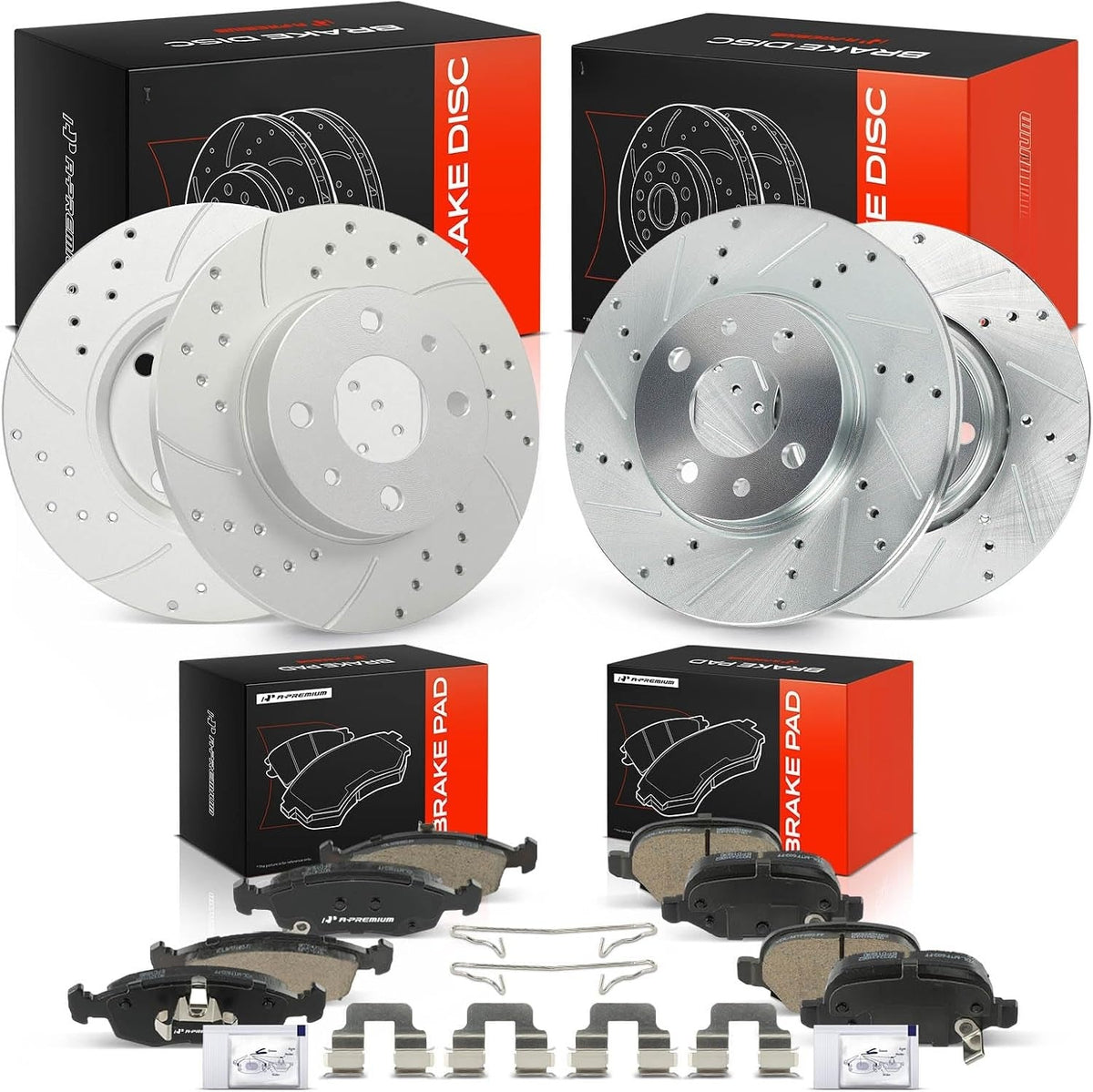 Front and Rear Drilled and Slotted Brake Rotors and Ceramic Pads Kit for Fiat 500 2012-2017, Naturally Aspirated