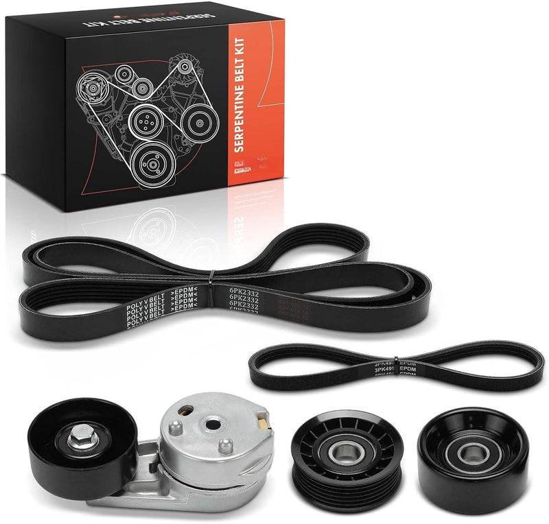 Serpentine Belt Drive Kit for Ford Fusion 2006-2009, Mercury Milan 2006-2009, Lincoln Zephyr 2006, 3.0L, 5-Piece Set