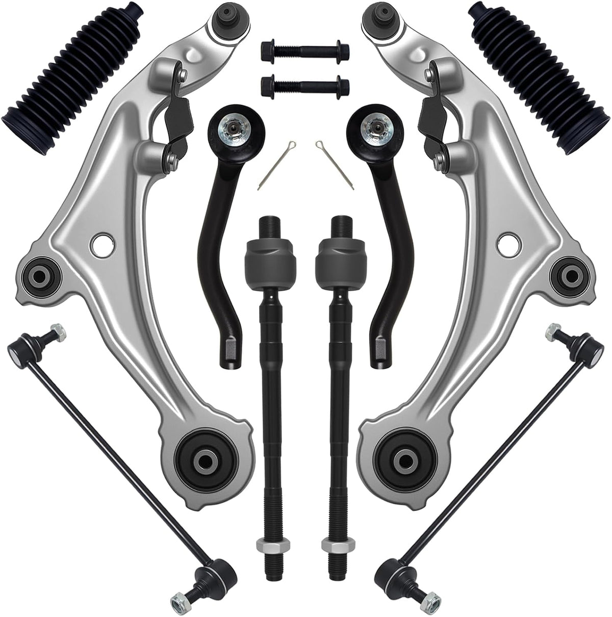 10Pcs Front End Suspension Kit Fit for 2009-2014 Ni-Ssan Murano, 2 Lower Control Arm W/Ball Joint 2 Sway Bar Link 4 Outer Inner Tie Rod End (# K622157 K622158 K750784 EV800639 ES800357 ES800358)