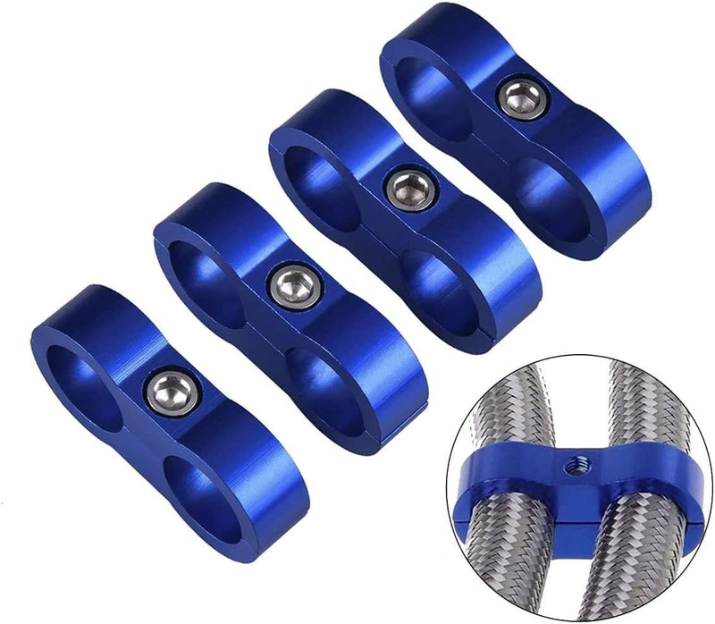 8AN Double Hose Separator Clamps, Blue Aluminum, for Fuel, Oil and Brake Lines, Set of 4