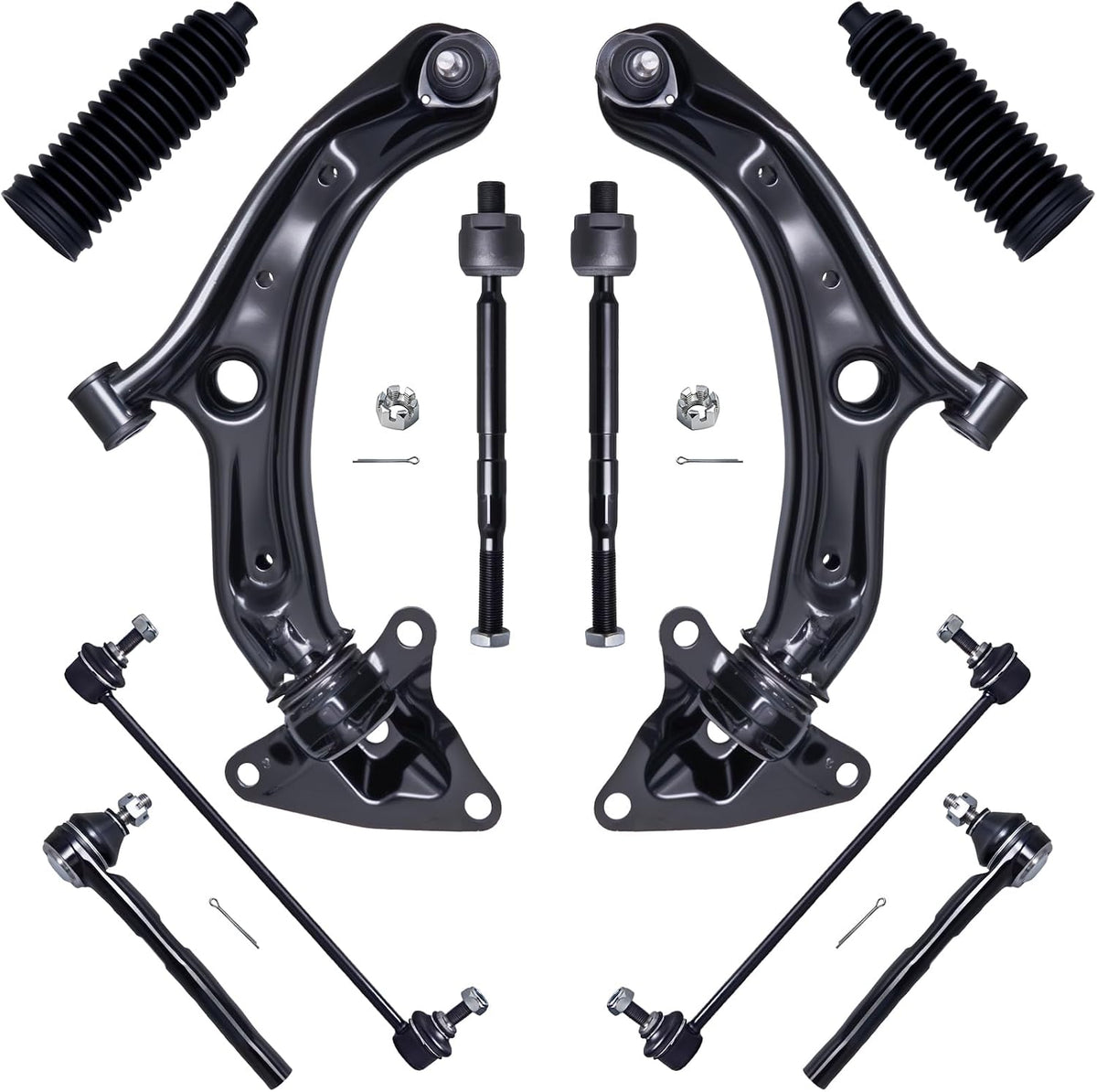 10Pcs Front End Suspension Kit Fit for 2009-2014 Ho-Nda Fit, Lower Control Arm W/Ball Joint, Sway Bar Link, Outer Inner Tie Rod End (# K621552 K621553 K750381 EV800633 ES800591 101-6816)
