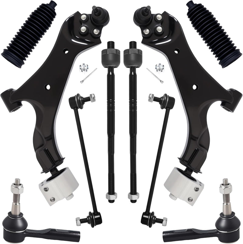 Front Suspension Kit 10-Piece, Lower Control Arms, Tie Rods, Sway Bar Links for Chevrolet Equinox 2010-2017