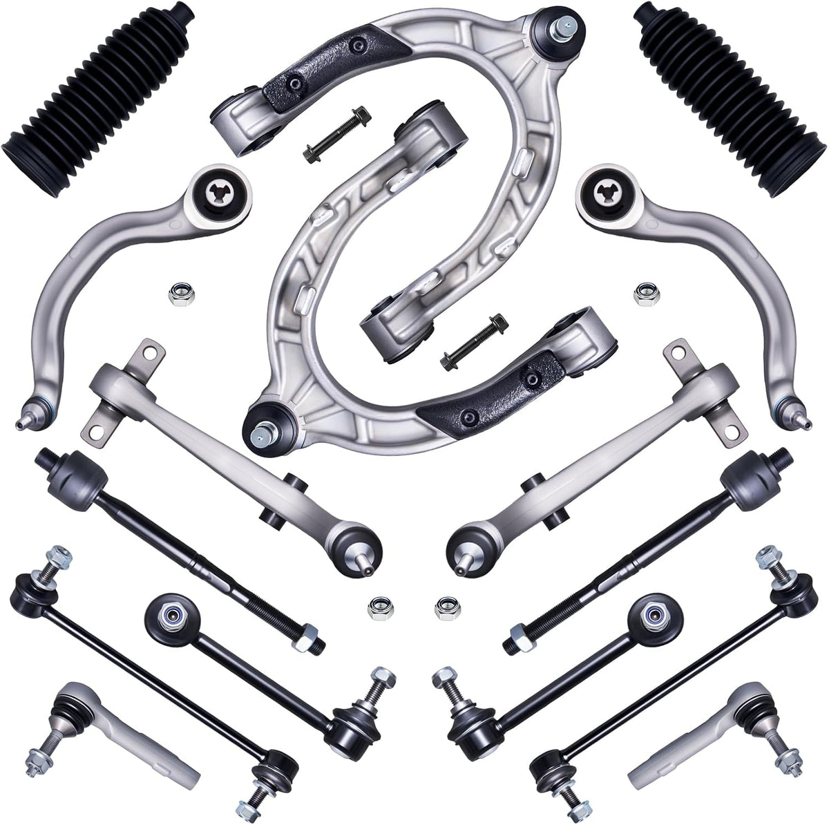 16Pcs Front End Suspension Kit Fit for 2017-2024 Te-Sla Model 3, Control Arm W/Ball Joint, Sway Bar Link, Outer Inner Tie Rod End (# K623778 K623785 K623788 K750958 K750960 ES801553 EV801539)