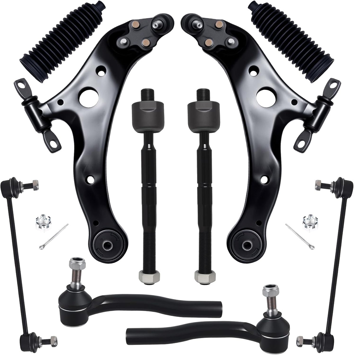 10Pcs Front End Kit Fit for 2012-2017 To-Yota Camry, 2013-2018 Avalon, 2 Lower Control Arm W/Ball Joint 2 Sway Bar Link 4 Outer Inner Tie Rod End (# K621476 K621477 K750123 EV801497 ES800930)