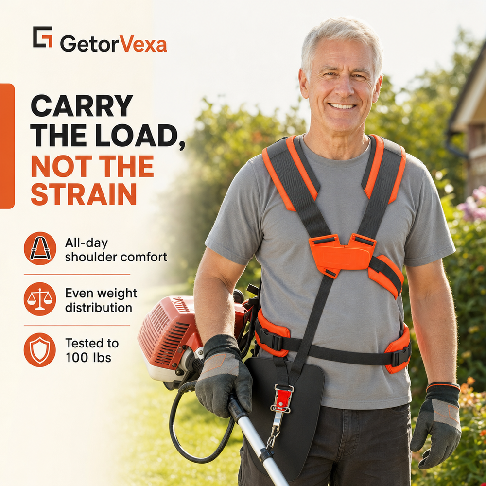 Using a string trimmer with the GetorVexa second handle for two-handed control