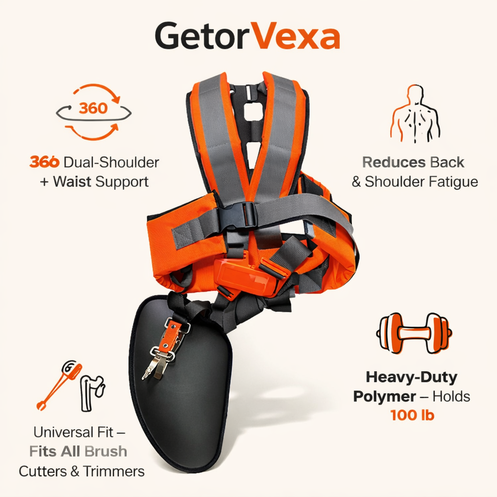 Adjustable GetorVexa trimmer shoulder harness worn during trimming