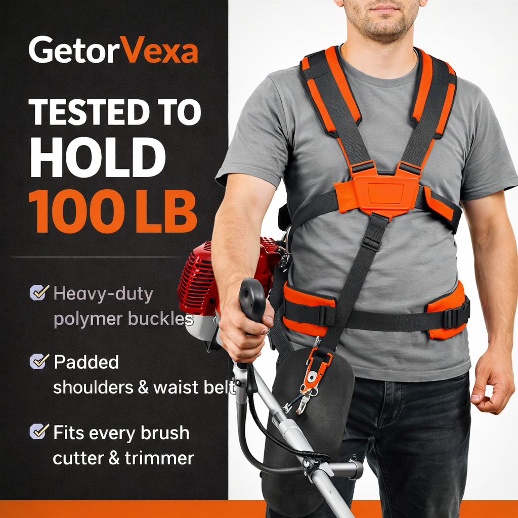 Padded GetorVexa shoulder harness distributing trimmer weight across the body