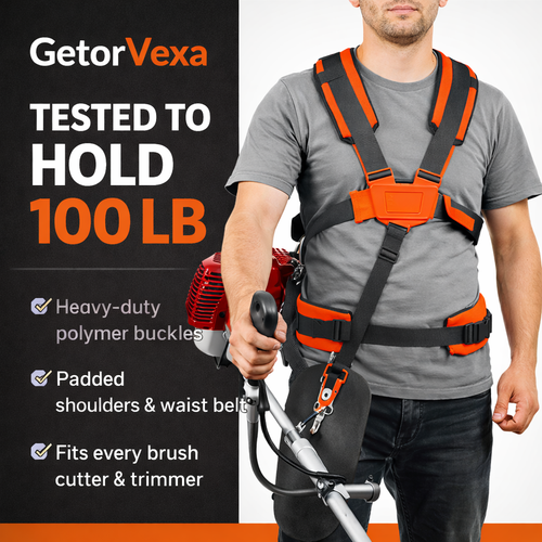 Padded GetorVexa shoulder harness distributing trimmer weight across the body